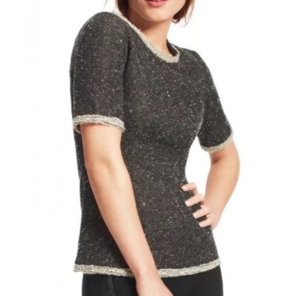 cabi 542 coco shell black knit rear zip top short sleeve sweater size small - Picture 1 of 8
